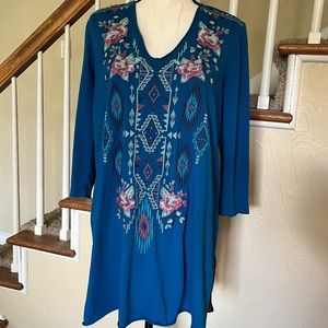 Johnny Was Tunic Blouse Embroidered Blue Multi